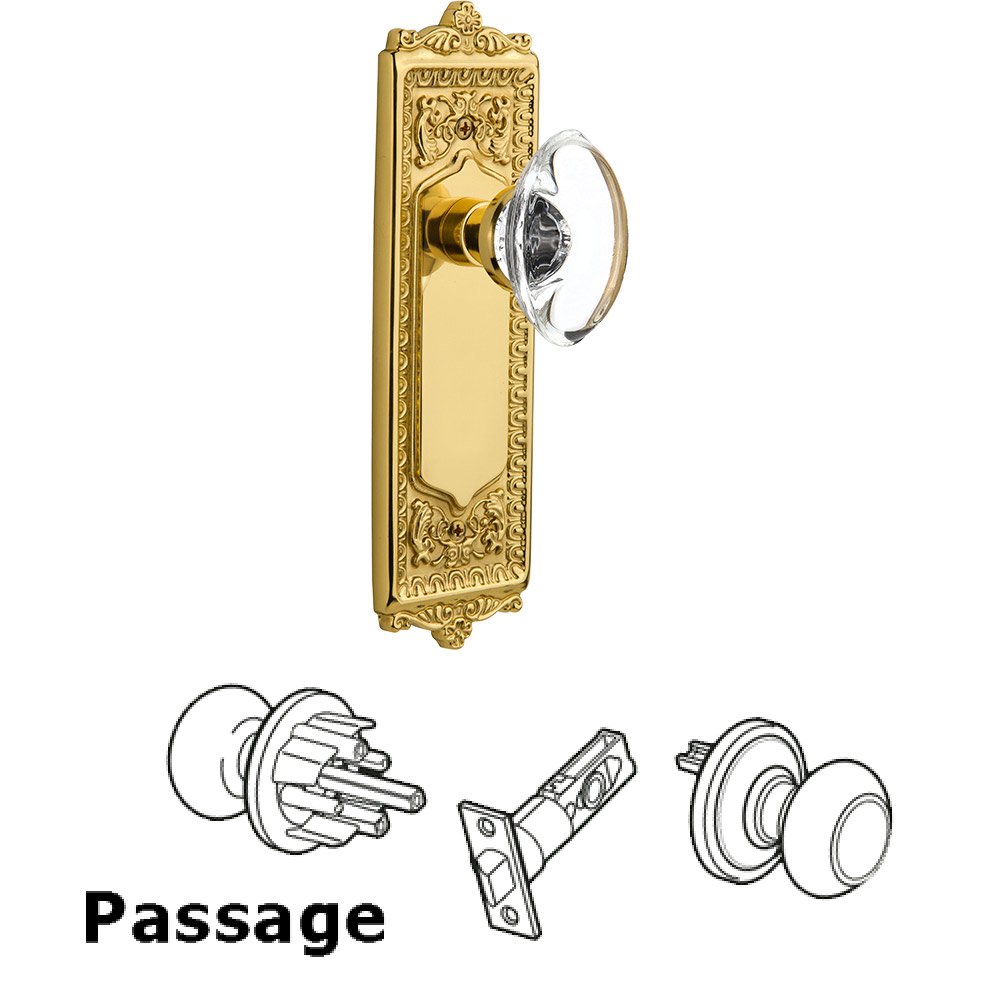Nostalgic Warehouse Passage Knob - Egg and Dart Plate with Oval Clear Crystal Knob without Keyhole in Polished Brass