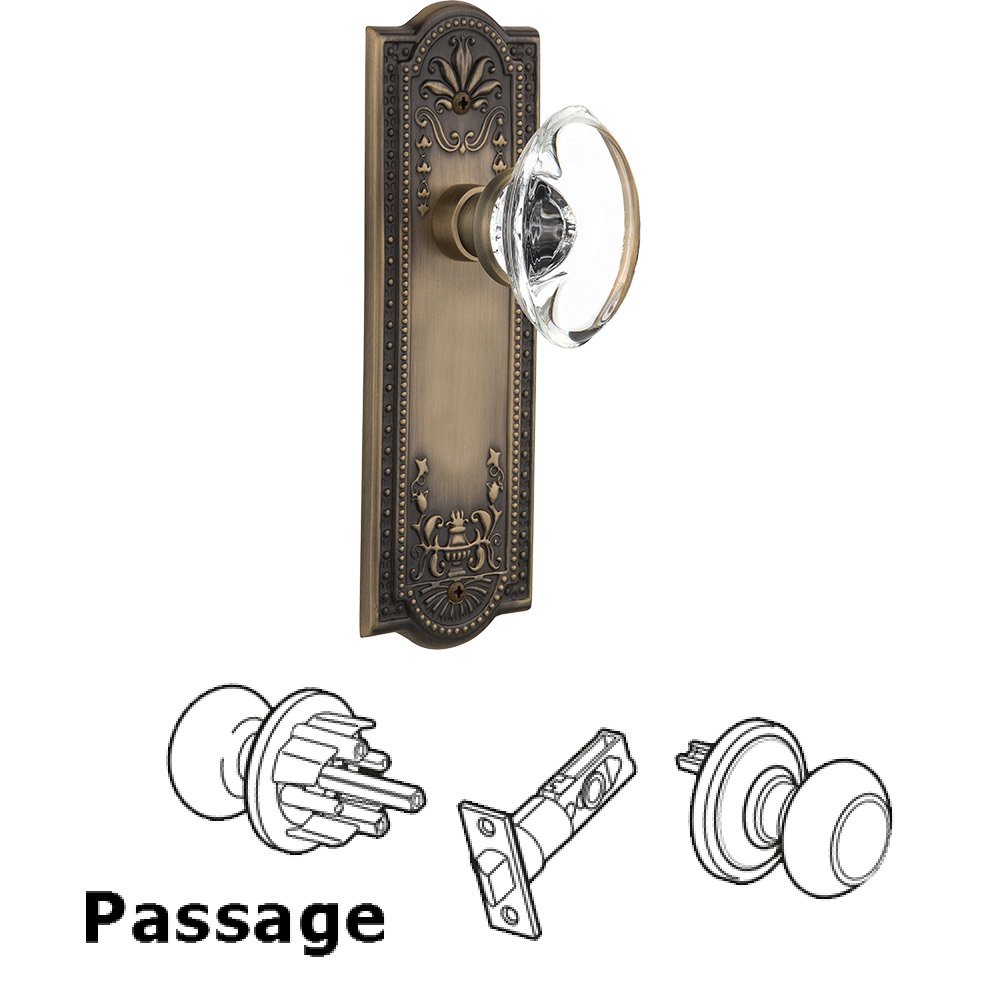 Nostalgic Warehouse Passage Knob - Meadows Plate with Oval Clear Crystal Knob without Keyhole in Antique Brass