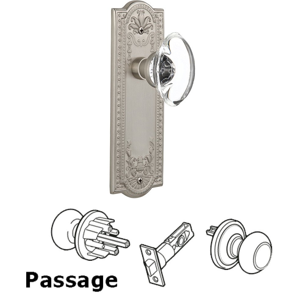 Nostalgic Warehouse Passage Knob - Meadows Plate with Oval Clear Crystal Knob without Keyhole in Satin Nickel