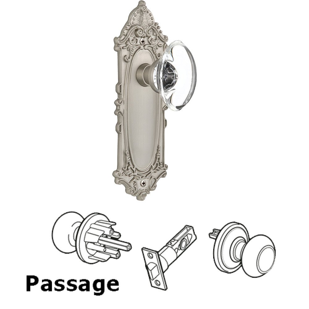 Nostalgic Warehouse Passage Victorian Plate with Oval Clear Crystal Glass Door Knob in Satin Nickel