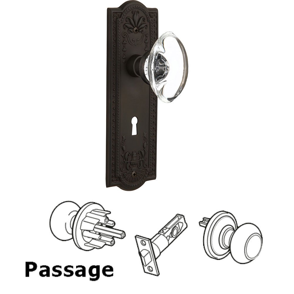 Nostalgic Warehouse Passage Meadows Plate with Keyhole and Oval Clear Crystal Glass Door Knob in Oil-Rubbed Bronze