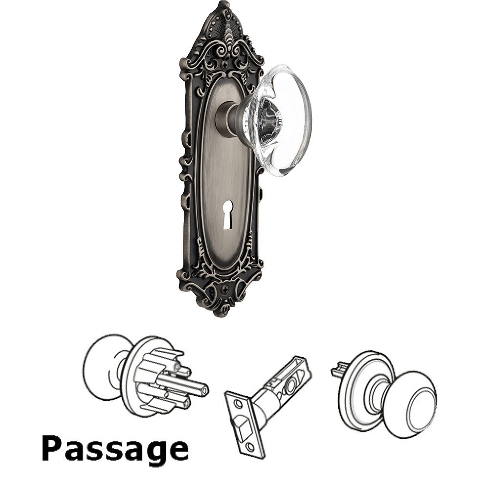 Nostalgic Warehouse Passage Victorian Plate with Keyhole and Oval Clear Crystal Glass Door Knob in Antique Pewter