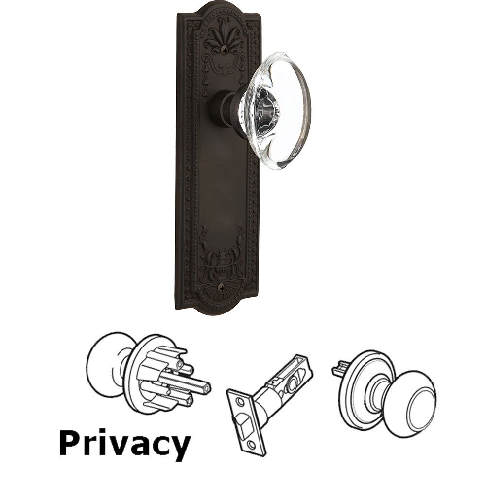 Nostalgic Warehouse Privacy Knob - Meadows Plate with Oval Clear Crystal Knob without Keyhole in Oil Rubbed Bronze