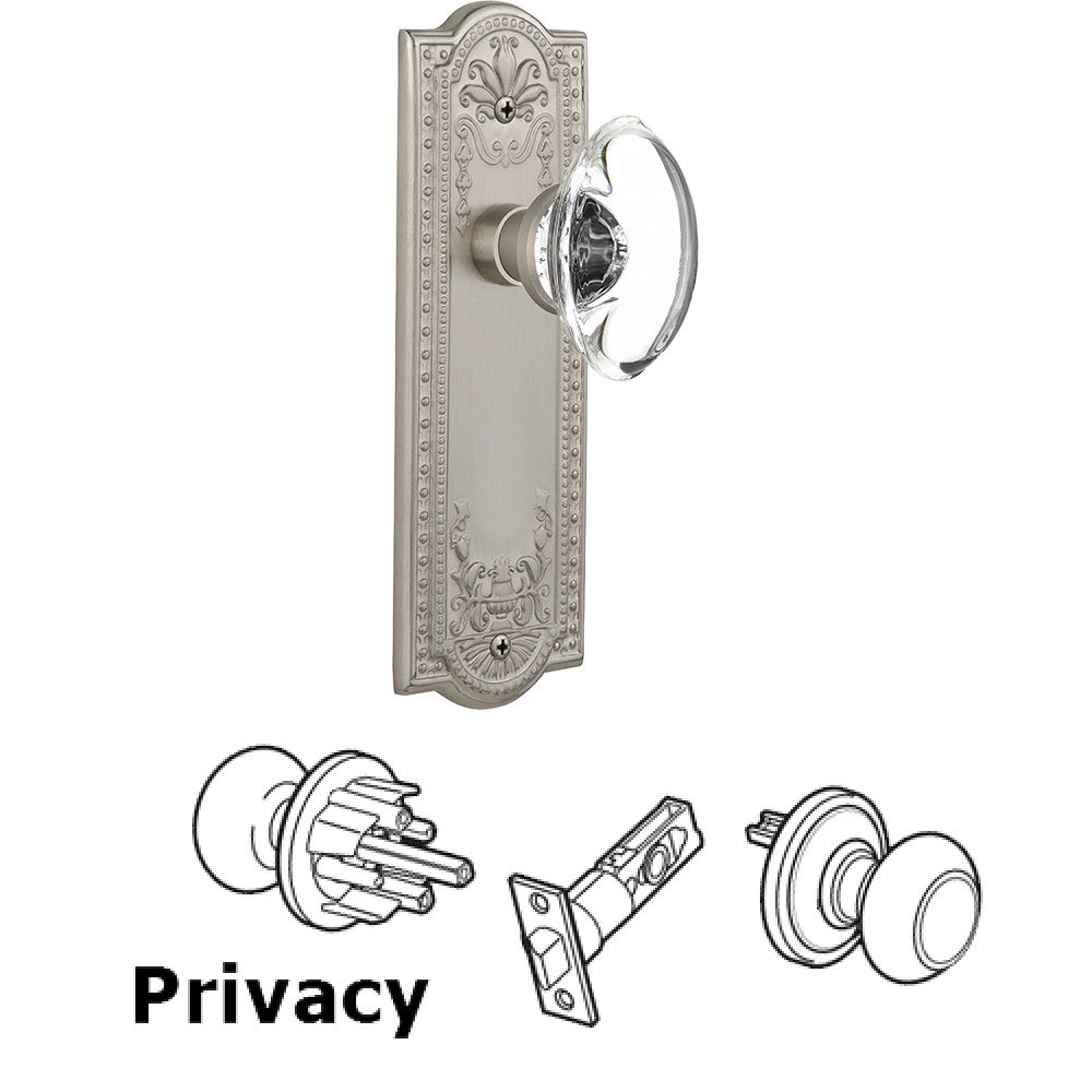 Nostalgic Warehouse Privacy Knob - Meadows Plate with Oval Clear Crystal Knob without Keyhole in Satin Nickel