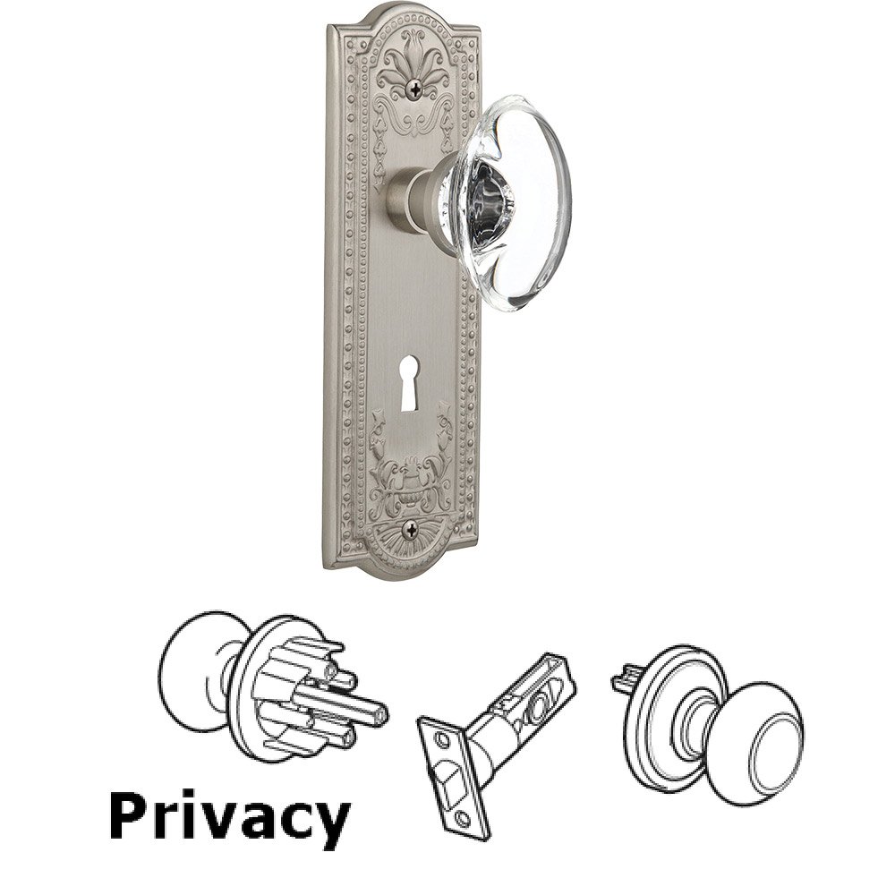 Nostalgic Warehouse Privacy Meadows Plate with Keyhole and Oval Clear Crystal Glass Door Knob in Satin Nickel