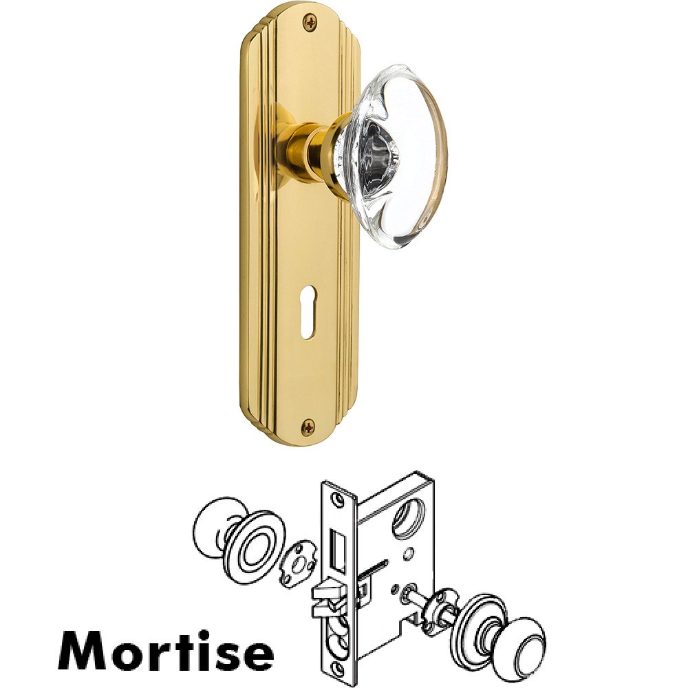 Nostalgic Warehouse Mortise - Deco Plate with Oval Clear Crystal Knob with Keyhole in Polished Brass