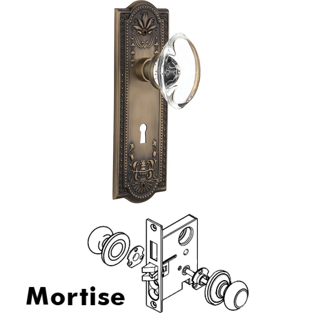 Nostalgic Warehouse Mortise - Meadows Plate with Oval Clear Crystal Knob with Keyhole in Antique Brass