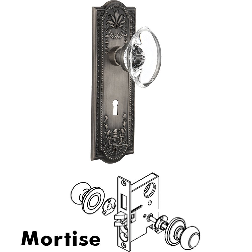 Nostalgic Warehouse Mortise - Meadows Plate with Oval Clear Crystal Knob with Keyhole in Antique Pewter