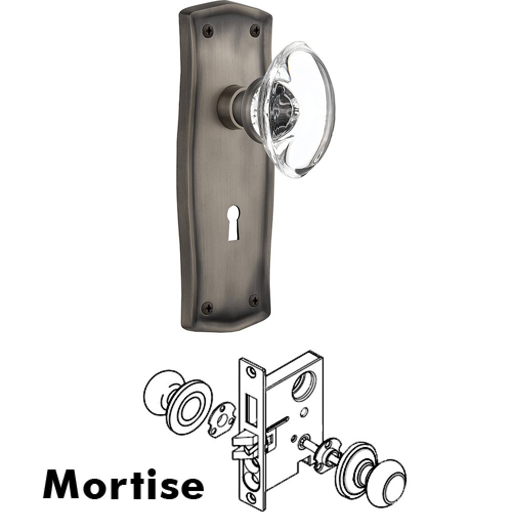 Nostalgic Warehouse Mortise - Prairie Plate with Oval Clear Crystal Knob with Keyhole in Antique Pewter