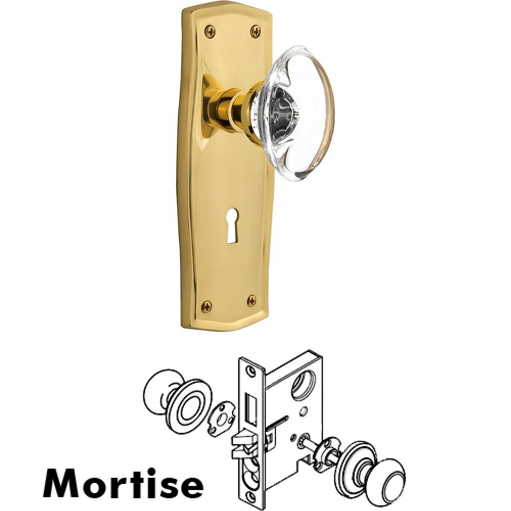 Nostalgic Warehouse Mortise - Prairie Plate with Oval Clear Crystal Knob with Keyhole in Polished Brass