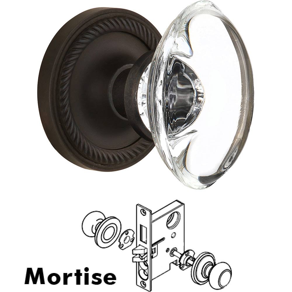 Nostalgic Warehouse Mortise - Rope Rose with Oval Clear Crystal Knob in Oil Rubbed Bronze