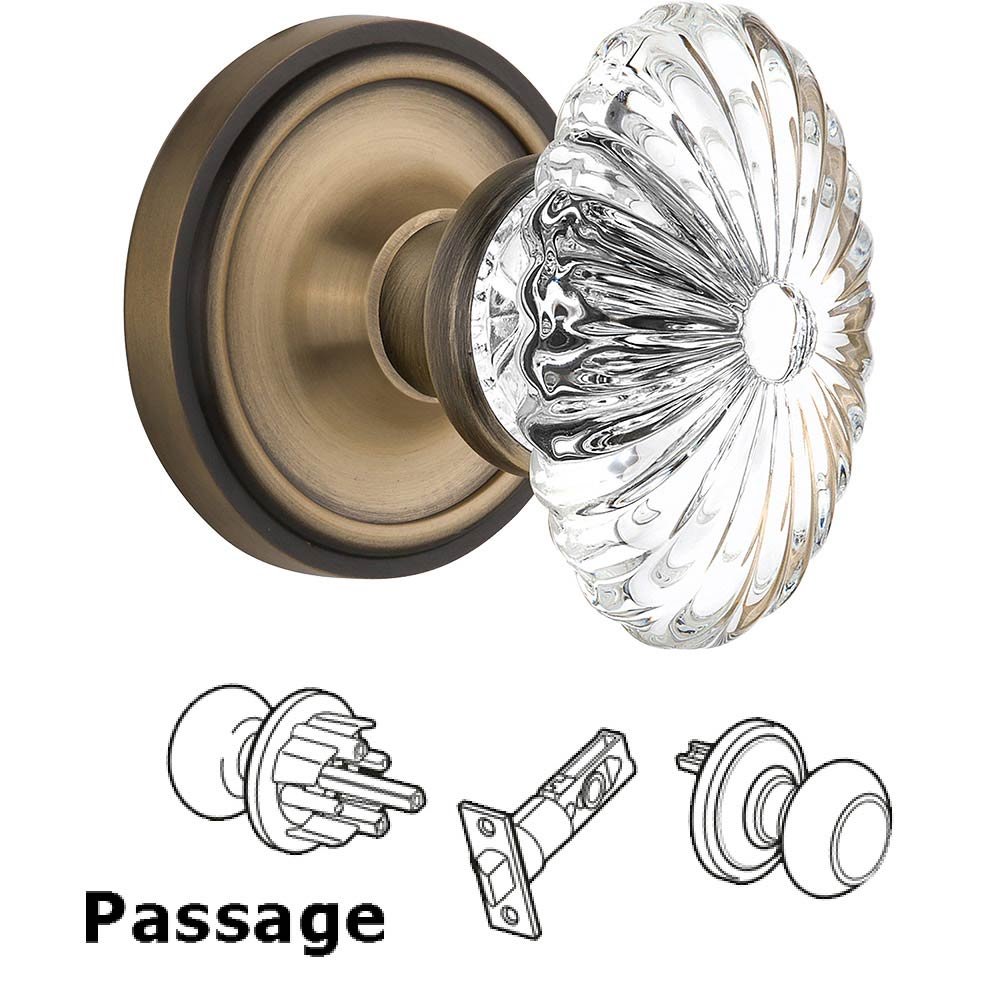 Nostalgic Warehouse Passage Knob - Classic Rose with Oval Fluted Crystal Knob in Antique Brass