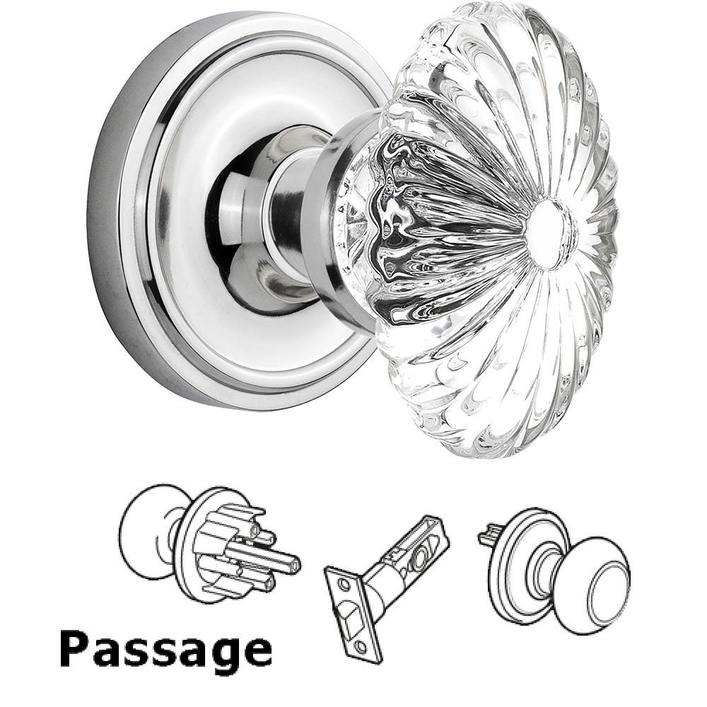 Nostalgic Warehouse Passage Knob - Classic Rose with Oval Fluted Crystal Knob in Bright Chrome