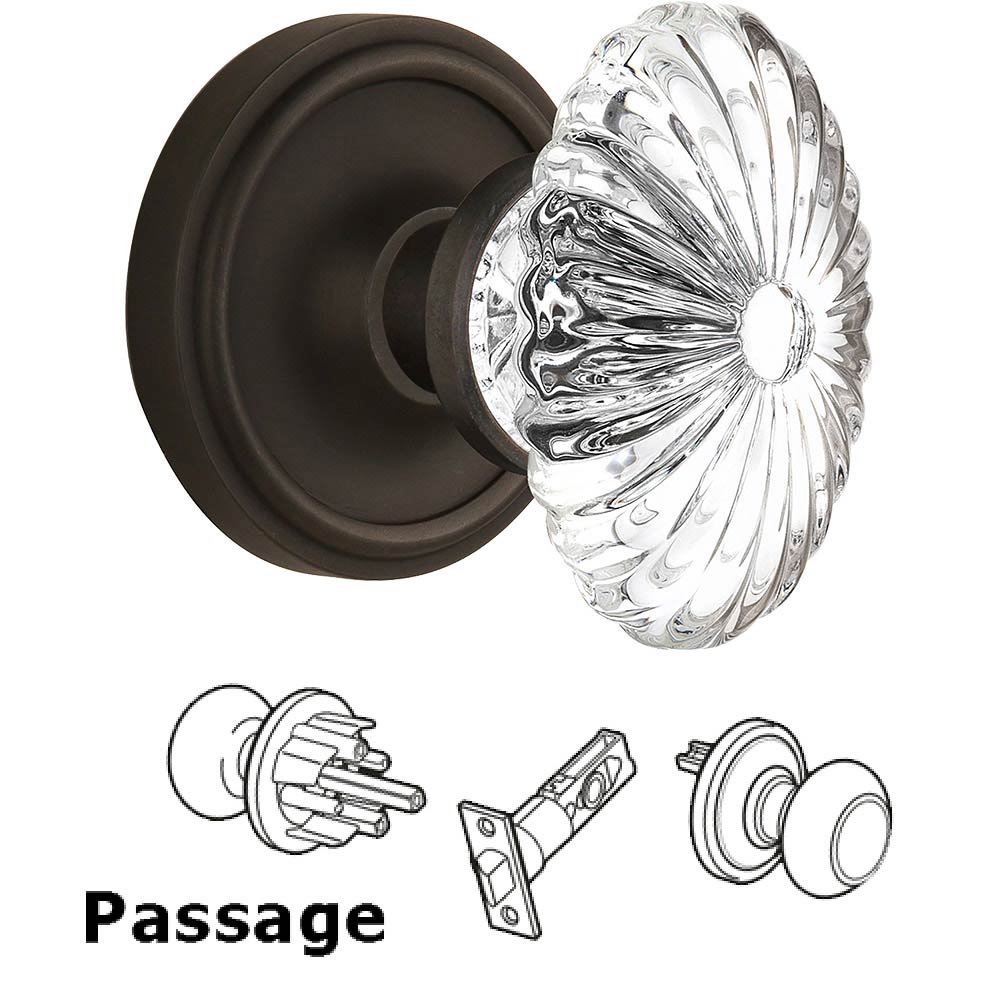 Nostalgic Warehouse Passage Knob - Classic Rose with Oval Fluted Crystal Knob in Oil Rubbed Bronze