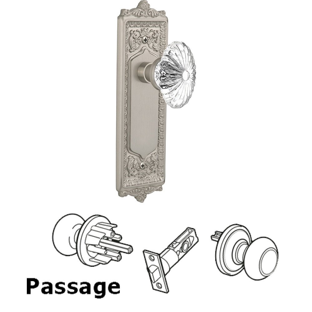 Nostalgic Warehouse Passage Knob - Egg and Dart Plate with Oval Fluted Crystal Knob without Keyhole in Satin Nickel