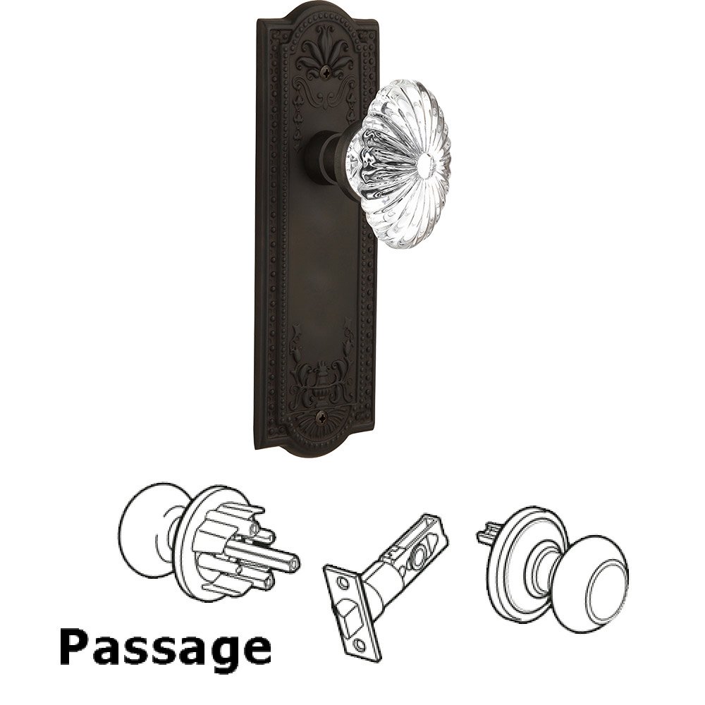 Nostalgic Warehouse Passage Meadows Plate with Oval Fluted Crystal Glass Door Knob in Oil-Rubbed Bronze