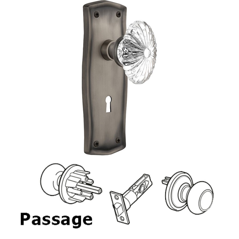 Nostalgic Warehouse Passage Knob - Prairie Plate with Oval Fluted Crystal Knob with Keyhole in Antique Pewter