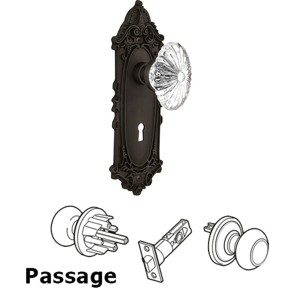 Nostalgic Warehouse Passage Knob - Victorian Plate with Oval Fluted Crystal Knob with Keyhole in Oil Rubbed Bronze