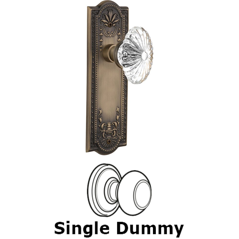 Nostalgic Warehouse Single Dummy - Meadows Plate with Oval Fluted Crystal Knob without Keyhole in Antique Brass