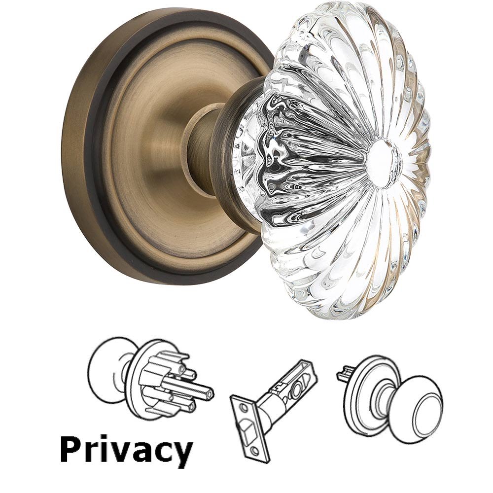 Nostalgic Warehouse Privacy Knob - Classic Rose with Oval Fluted Crystal Knob in Antique Brass