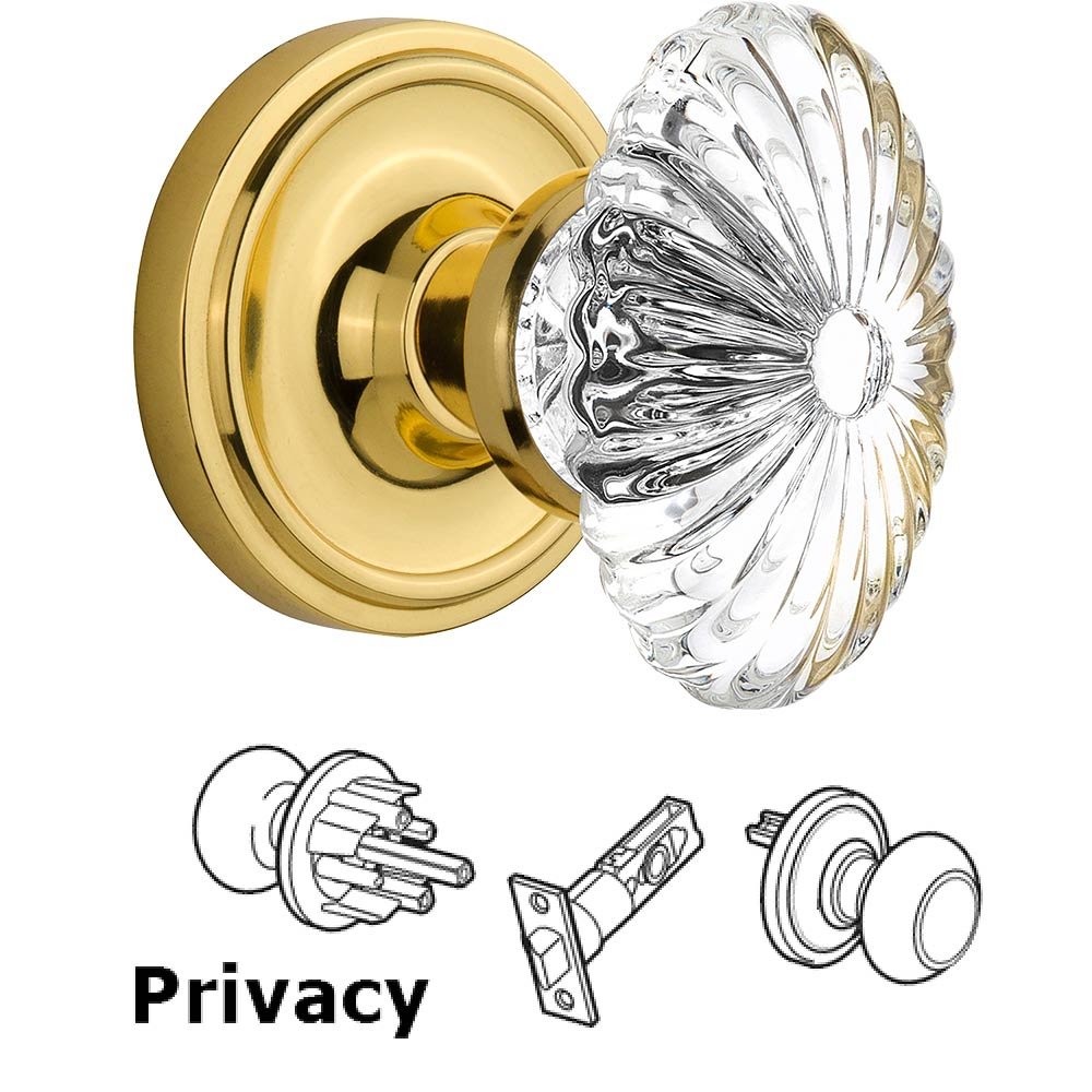 Nostalgic Warehouse Privacy Knob - Classic Rose with Oval Fluted Crystal Knob in Polished Brass