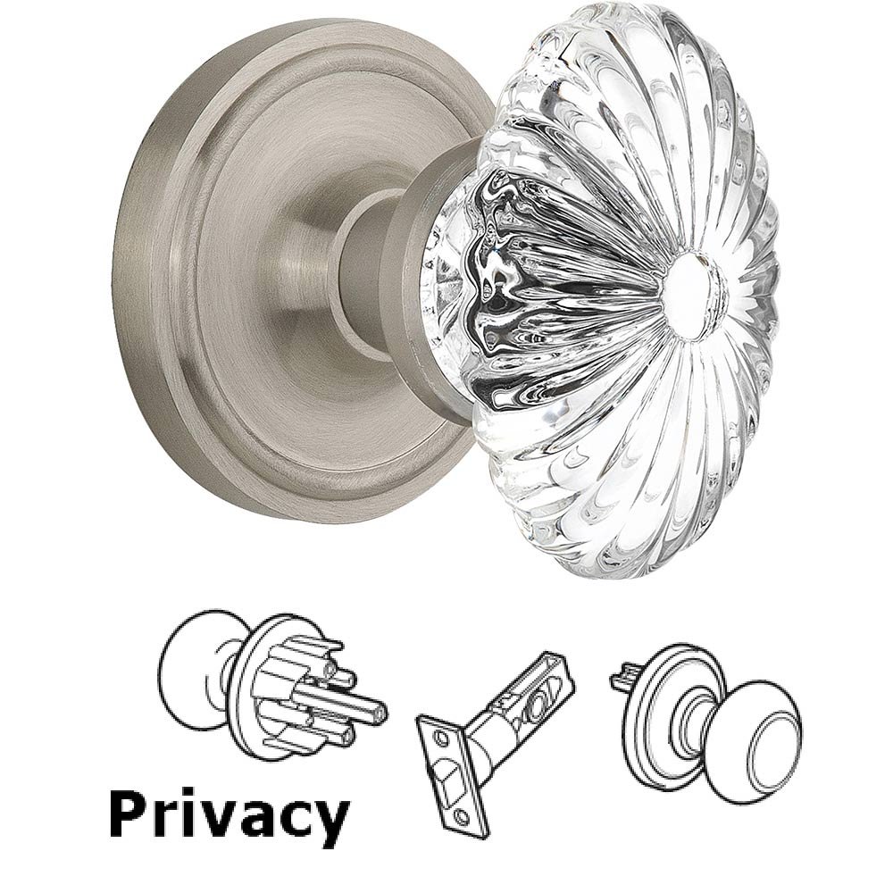Nostalgic Warehouse Privacy Knob - Classic Rose with Oval Fluted Crystal Knob in Satin Nickel
