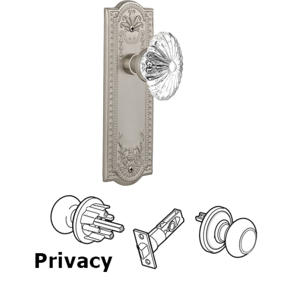 Nostalgic Warehouse Privacy Meadows Plate with Oval Fluted Crystal Glass Door Knob in Satin Nickel