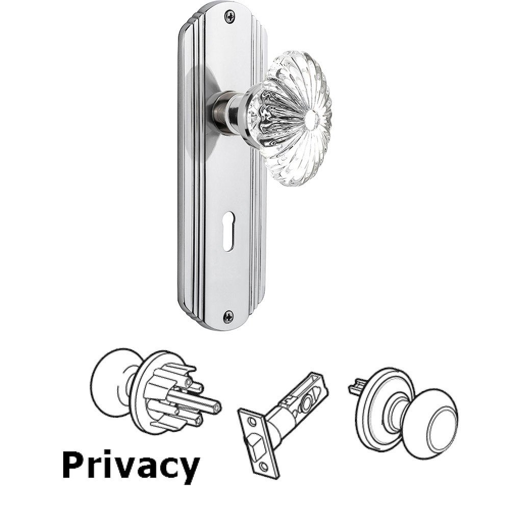 Nostalgic Warehouse Privacy Knob - Deco Plate with Oval Fluted Crystal Knob with Keyhole in Bright Chrome