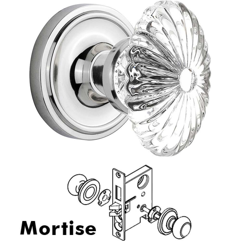Nostalgic Warehouse Mortise - Classic Rose with Oval Fluted Crystal Knob in Bright Chrome