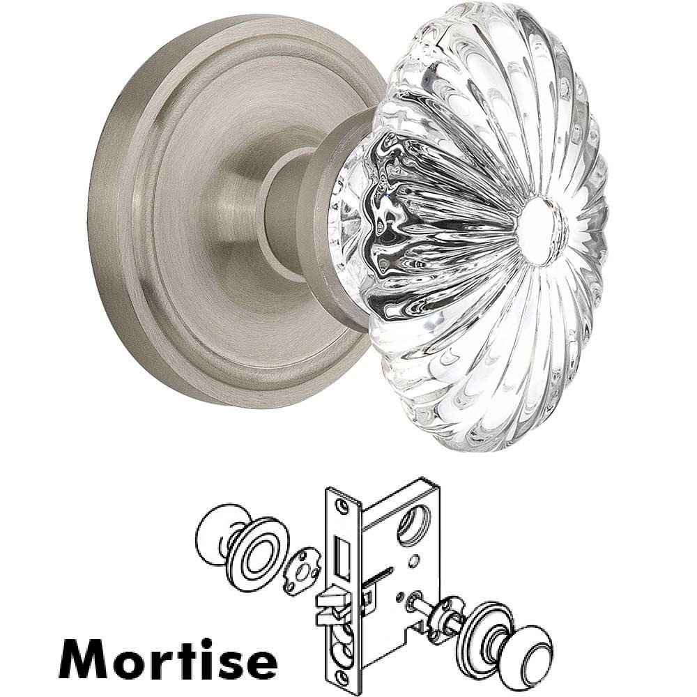 Nostalgic Warehouse Mortise - Classic Rose with Oval Fluted Crystal Knob in Satin Nickel
