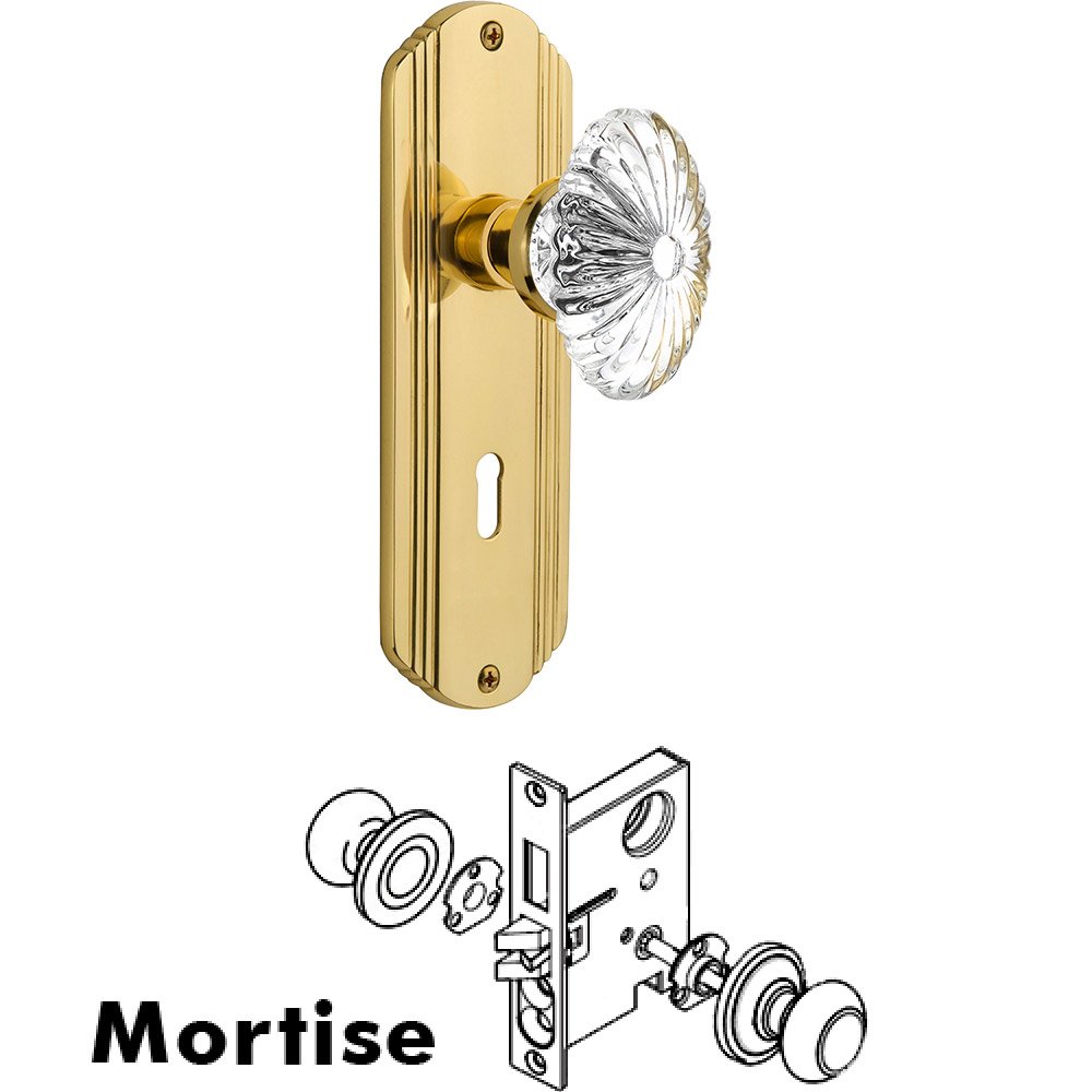 Nostalgic Warehouse Mortise - Deco Plate with Oval Fluted Crystal Knob with Keyhole in Polished Brass