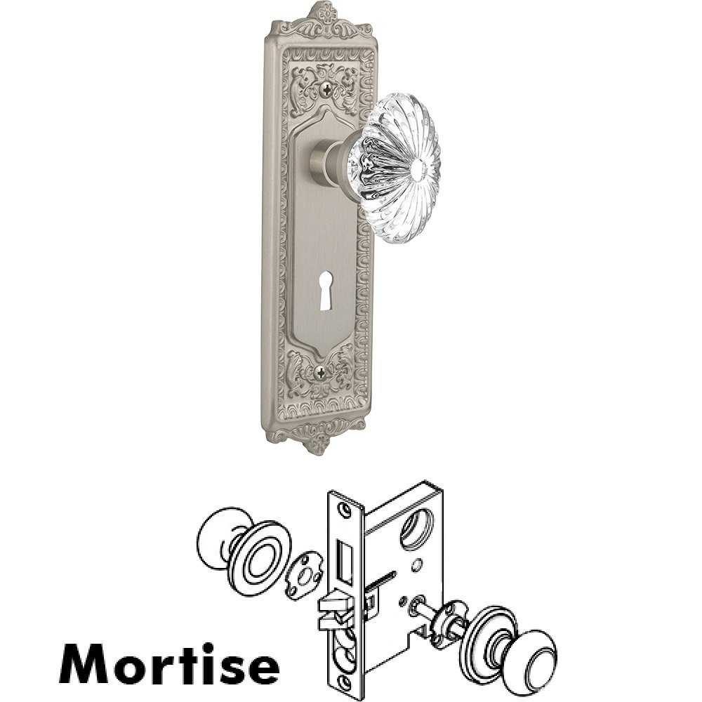Nostalgic Warehouse Mortise - Egg and Dart Plate with Oval Fluted Crystal Knob with Keyhole in Satin Nickel