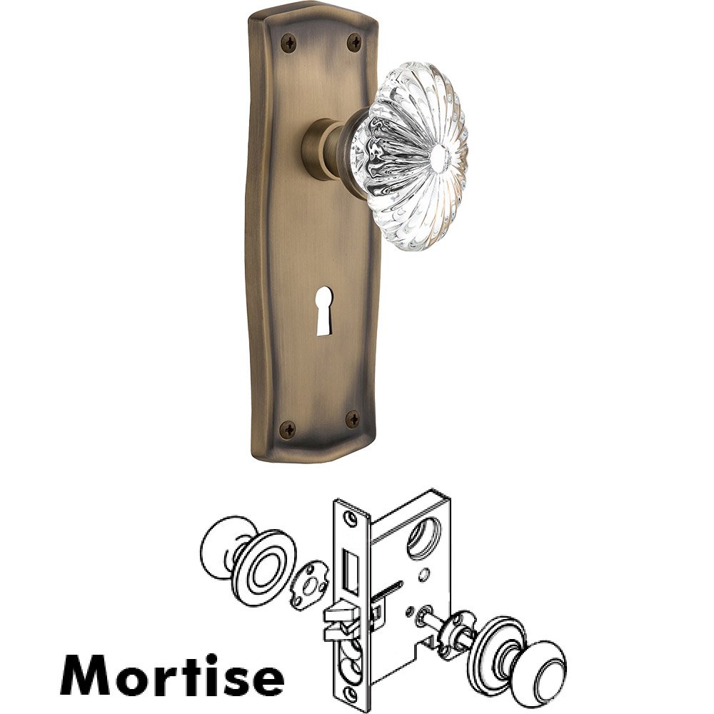 Nostalgic Warehouse Mortise - Prairie Plate with Oval Fluted Crystal Knob with Keyhole in Antique Brass