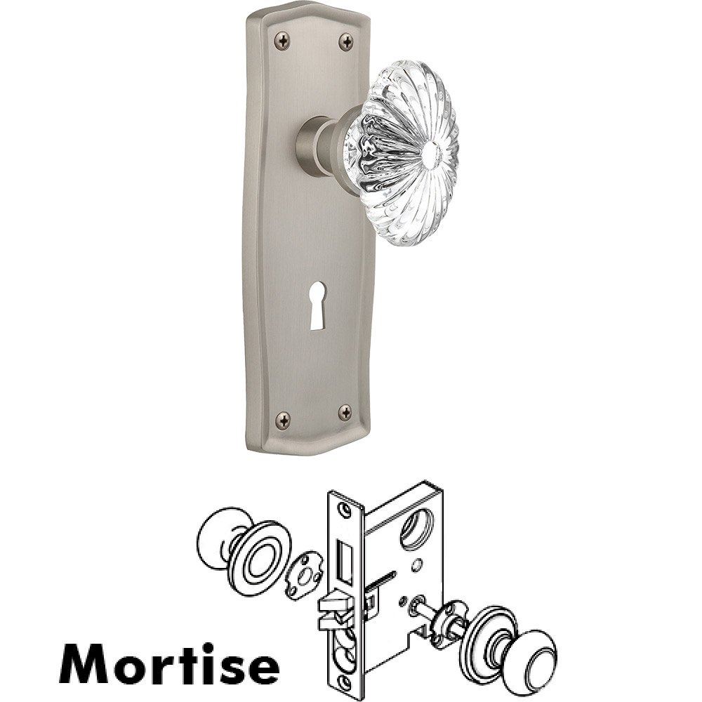Nostalgic Warehouse Mortise - Prairie Plate with Oval Fluted Crystal Knob with Keyhole in Satin Nickel