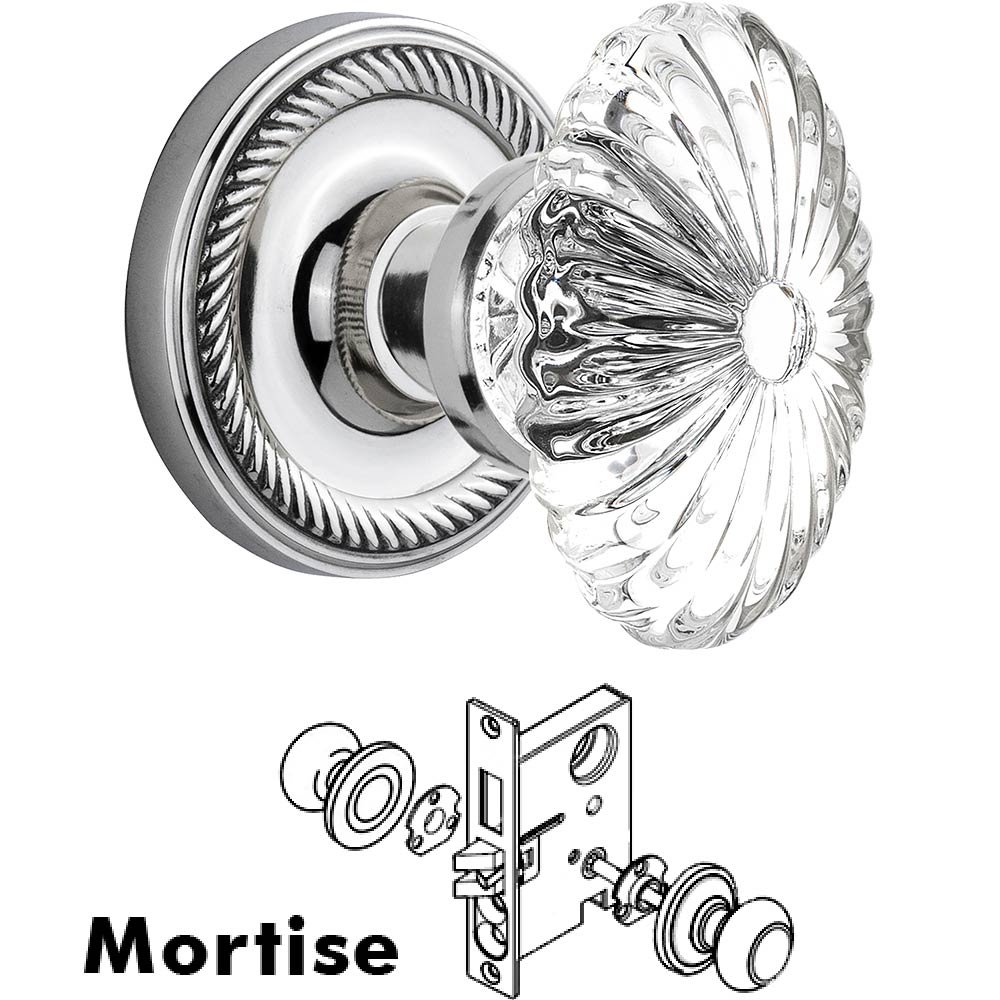 Nostalgic Warehouse Mortise - Rope Rose with Oval Fluted Crystal Knob in Bright Chrome