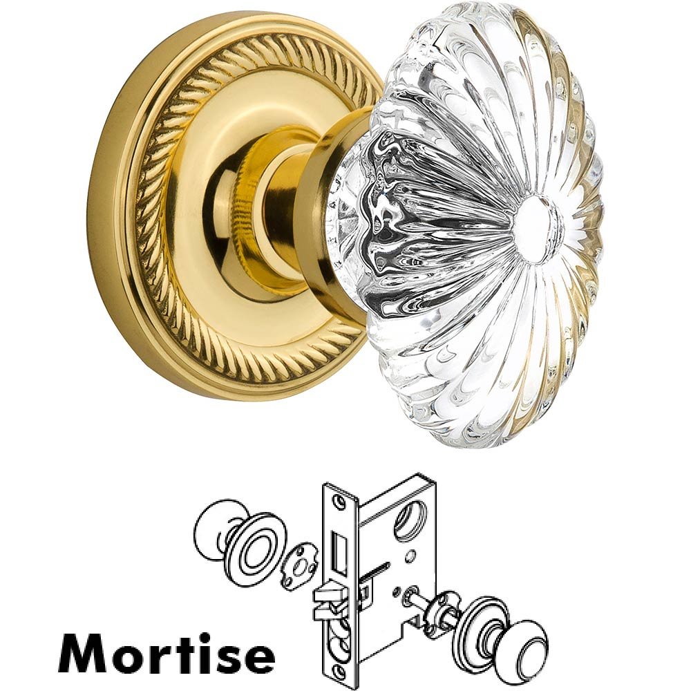Nostalgic Warehouse Mortise - Rope Rose with Oval Fluted Crystal Knob in Polished Brass