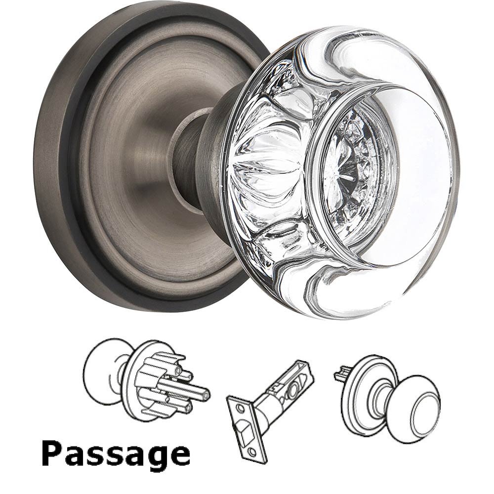 Nostalgic Warehouse Passage Knob - Classic Rose with Round Clear Crystal Knob in Antique Pewter