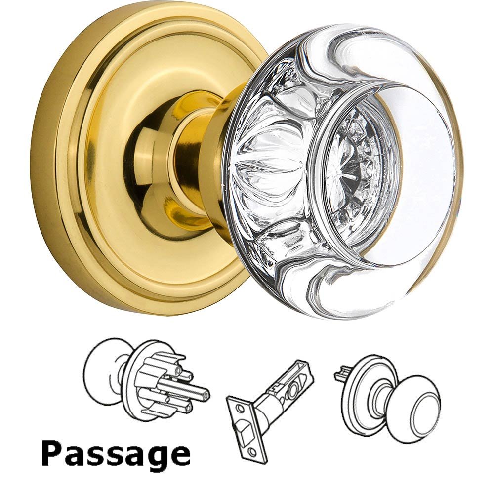 Nostalgic Warehouse Passage Knob - Classic Rose with Round Clear Crystal Knob in Polished Brass