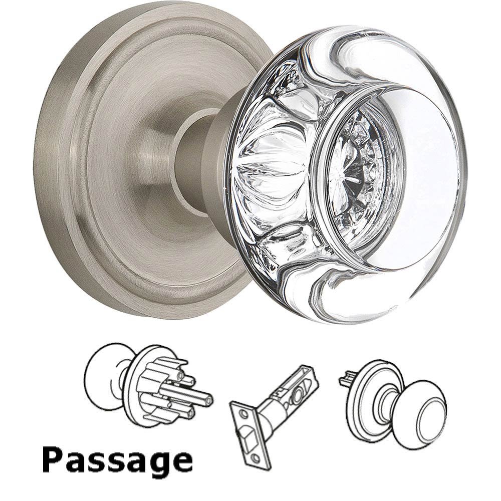 Nostalgic Warehouse Passage Knob - Classic Rose with Round Clear Crystal Knob in Satin Nickel