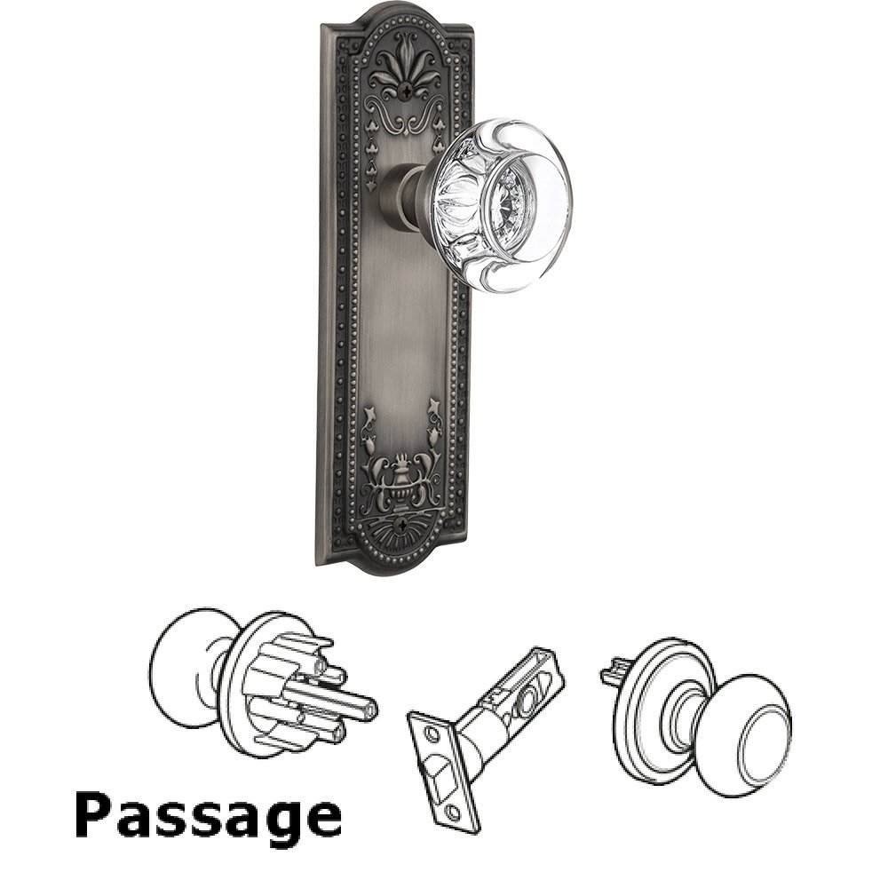 Nostalgic Warehouse Passage Knob - Meadows Plate with Round Clear Crystal Knob without Keyhole in Antique Pewter