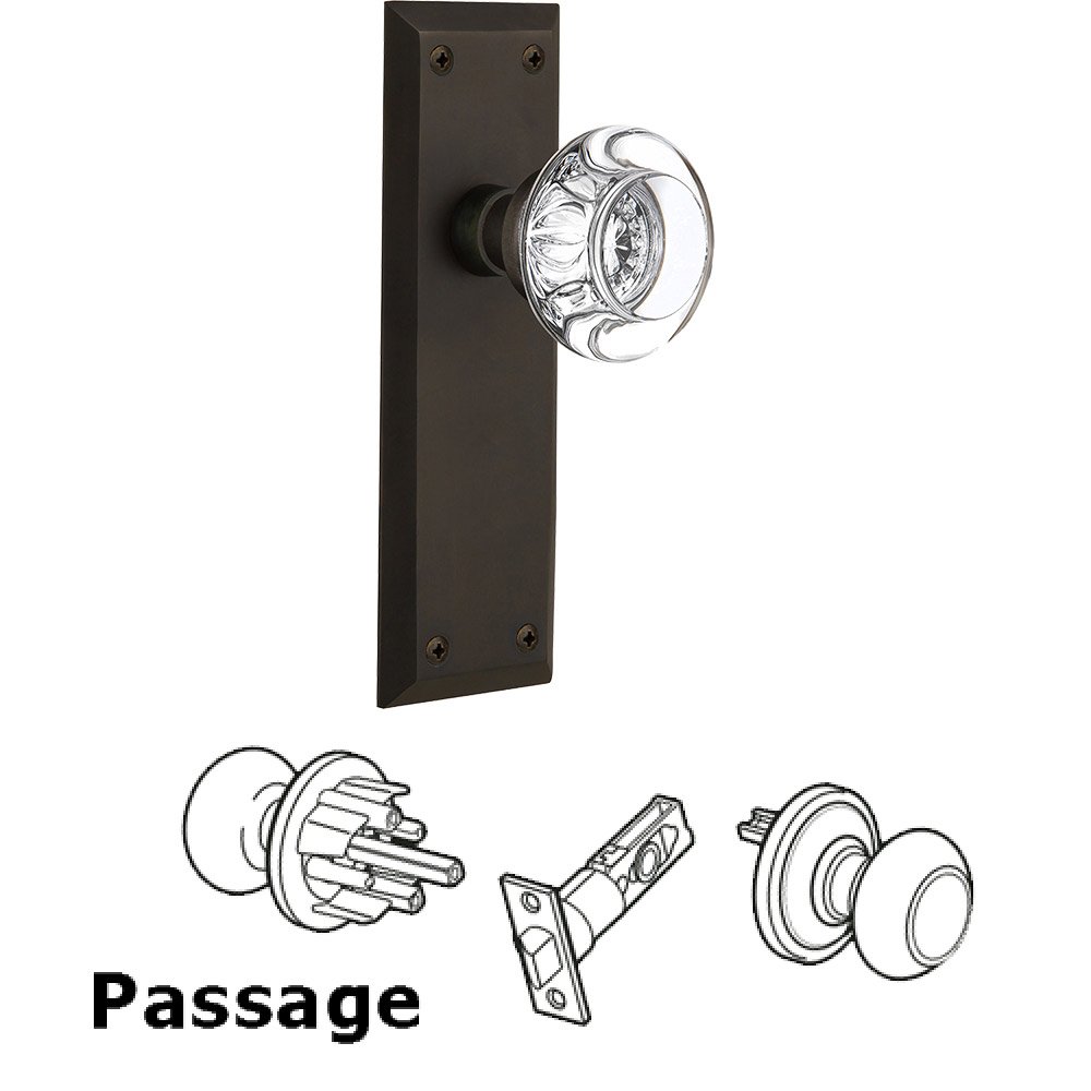Nostalgic Warehouse Passage Knob - New York Plate with Round Clear Crystal Knob without Keyhole in Oil Rubbed Bronze