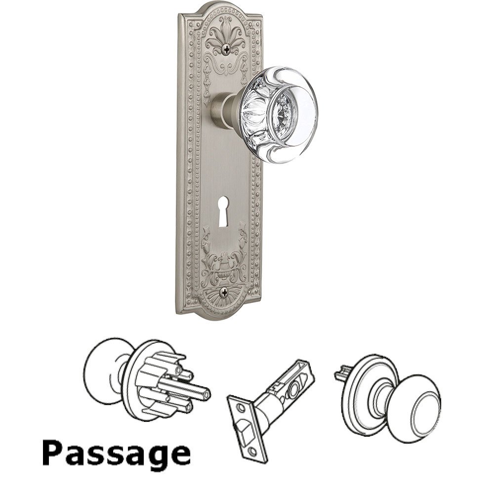 Nostalgic Warehouse Passage Meadows Plate with Keyhole and Round Clear Crystal Glass Door Knob in Satin Nickel