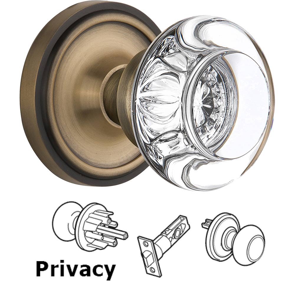Nostalgic Warehouse Privacy Knob - Classic Rose with Round Clear Crystal Knob in Antique Brass
