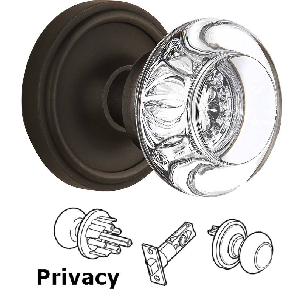 Nostalgic Warehouse Privacy Knob - Classic Rose with Round Clear Crystal Knob in Oil Rubbed Bronze