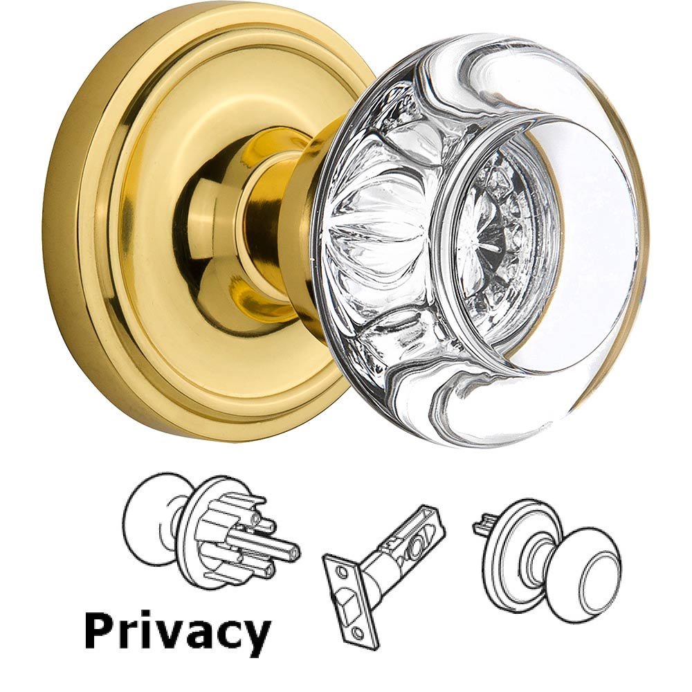Nostalgic Warehouse Privacy Knob - Classic Rose with Round Clear Crystal Knob in Polished Brass