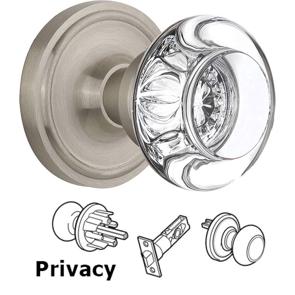 Nostalgic Warehouse Privacy Knob - Classic Rose with Round Clear Crystal Knob in Satin Nickel
