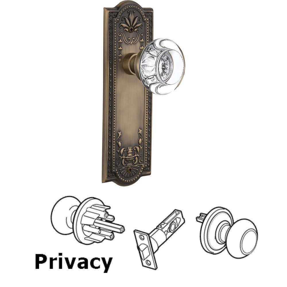 Nostalgic Warehouse Privacy Knob - Meadows Plate with Round Clear Crystal Knob without Keyhole in Antique Brass
