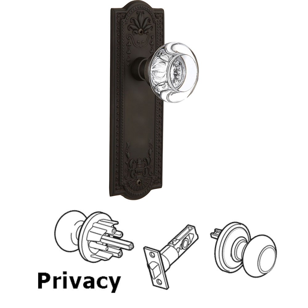 Nostalgic Warehouse Privacy Knob - Meadows Plate with Round Clear Crystal Knob without Keyhole in Oil Rubbed Bronze