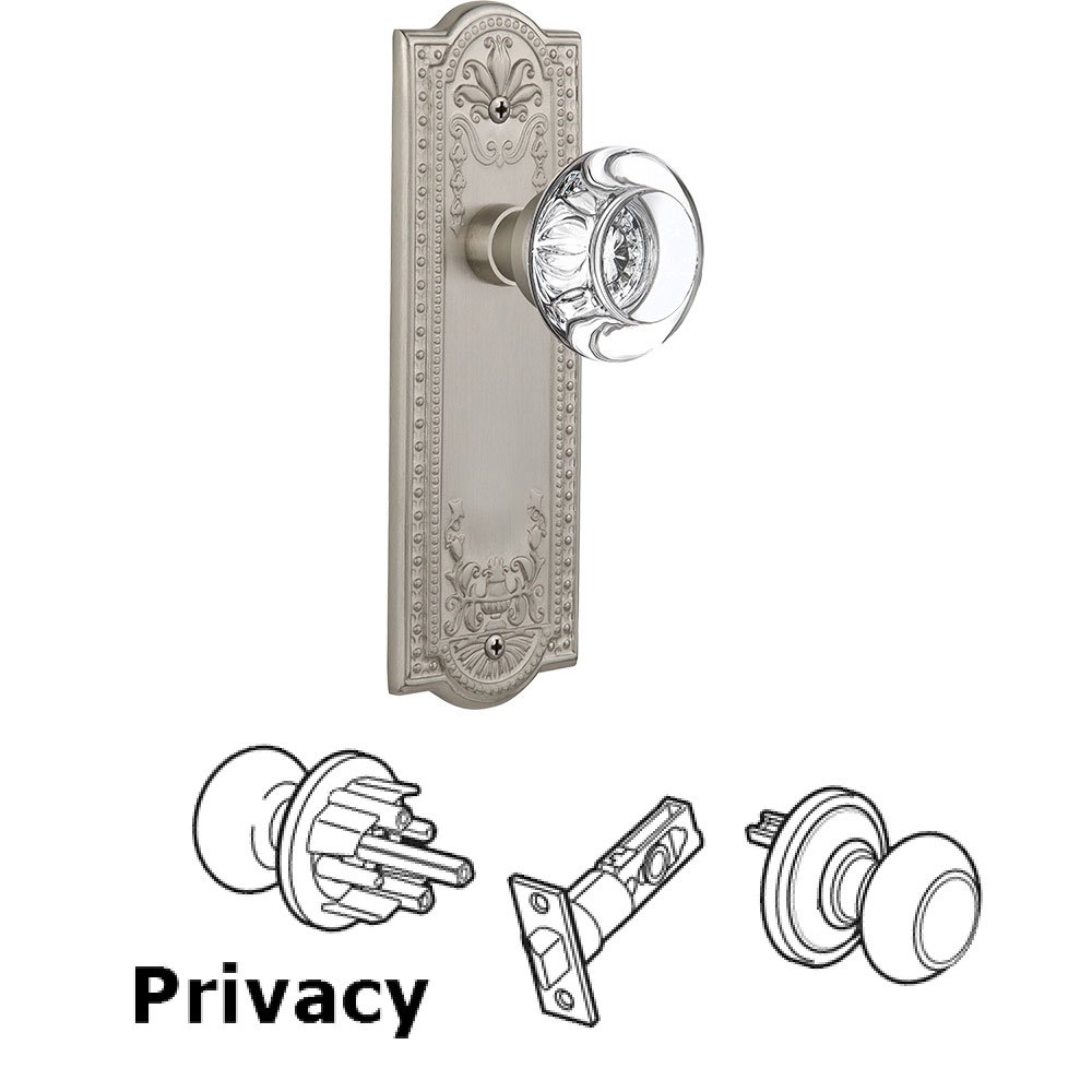 Nostalgic Warehouse Privacy Knob - Meadows Plate with Round Clear Crystal Knob without Keyhole in Satin Nickel