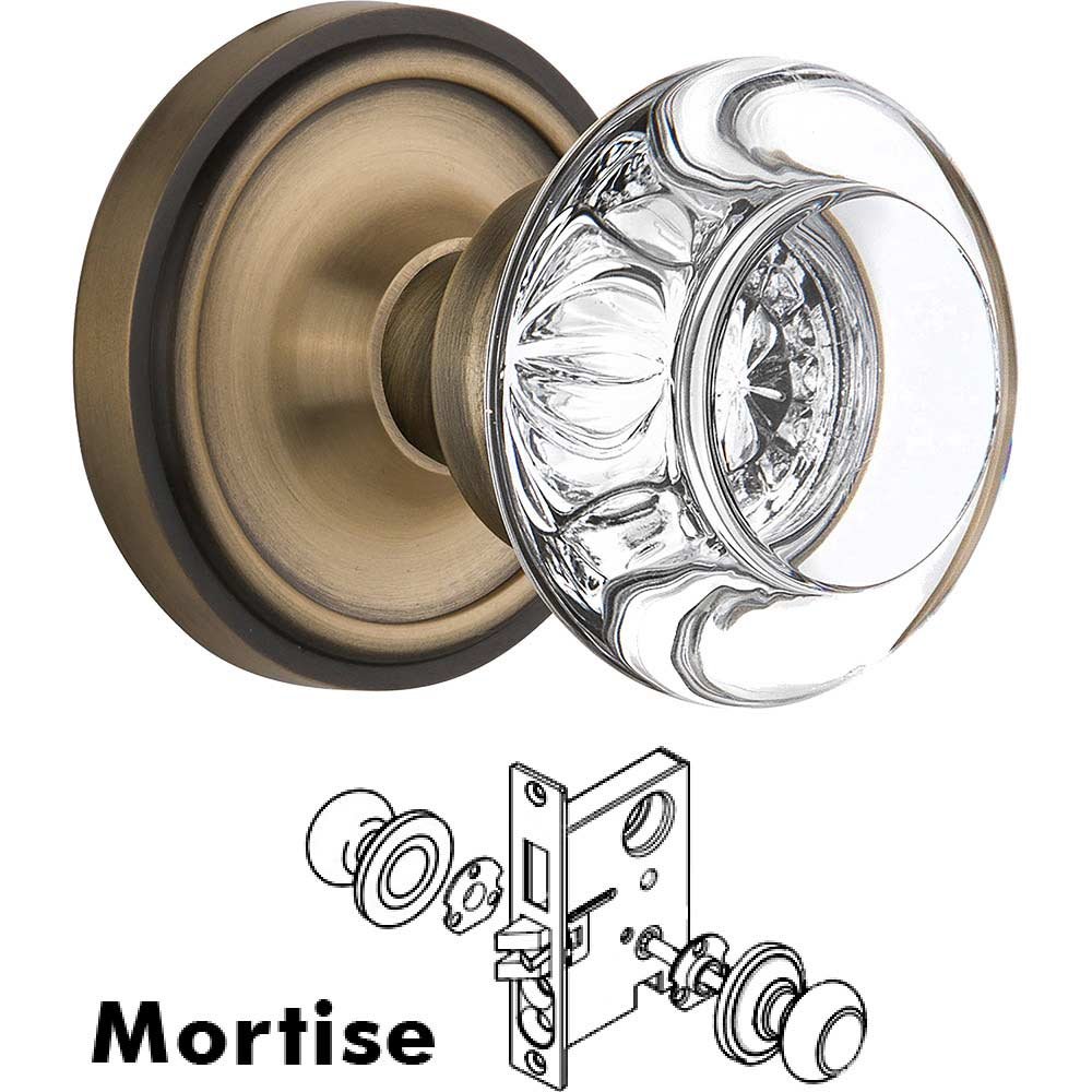 Nostalgic Warehouse Mortise - Classic Rose with Round Clear Crystal Knob in Antique Brass